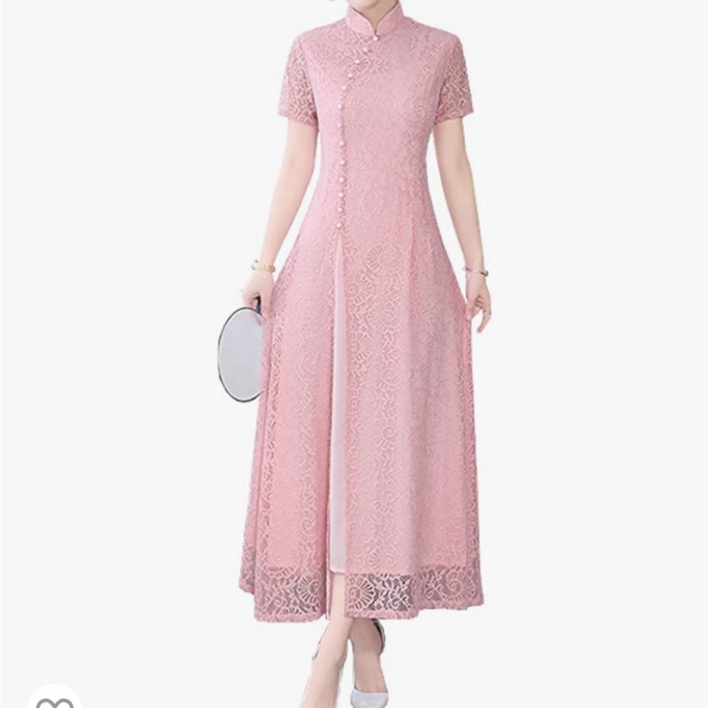 Pink Long Cheongam Dress Lace Qipao Chinese Style Dress